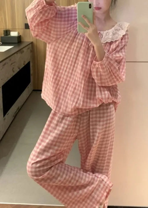 Art Pink Plaid Lace Patchwork Cotton Pajamas Two Pieces Set Fall