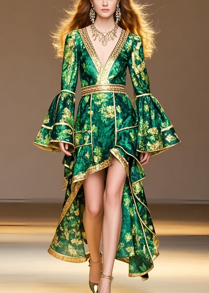 Style Tea Green Print Low High Design Spandex Party Dress Flare Sleeve