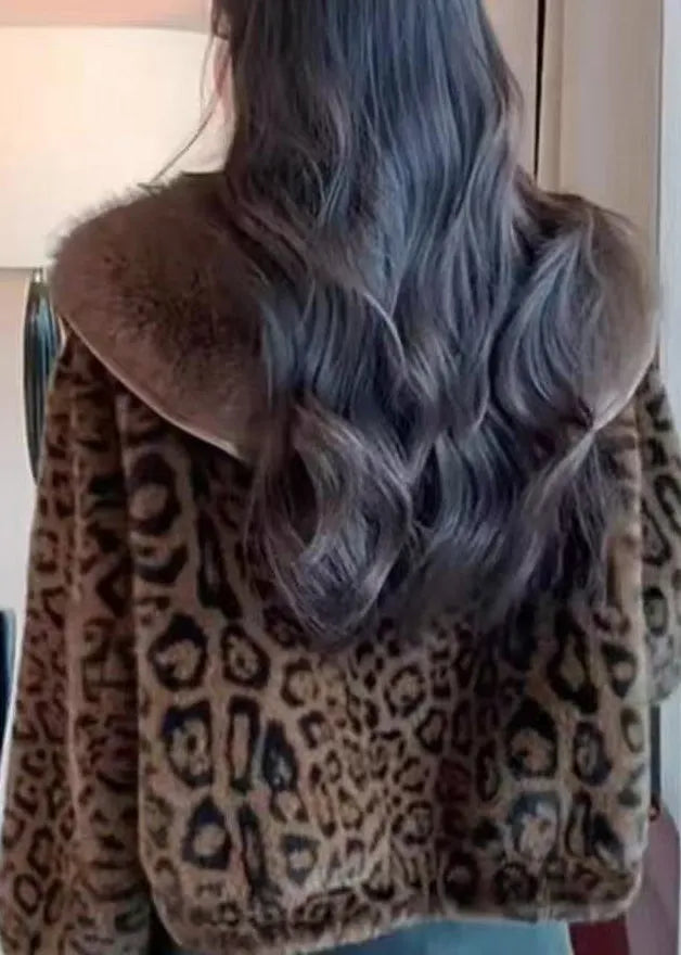 Leopard Peter Pan Collar Button Mink Hair Coats Winter
