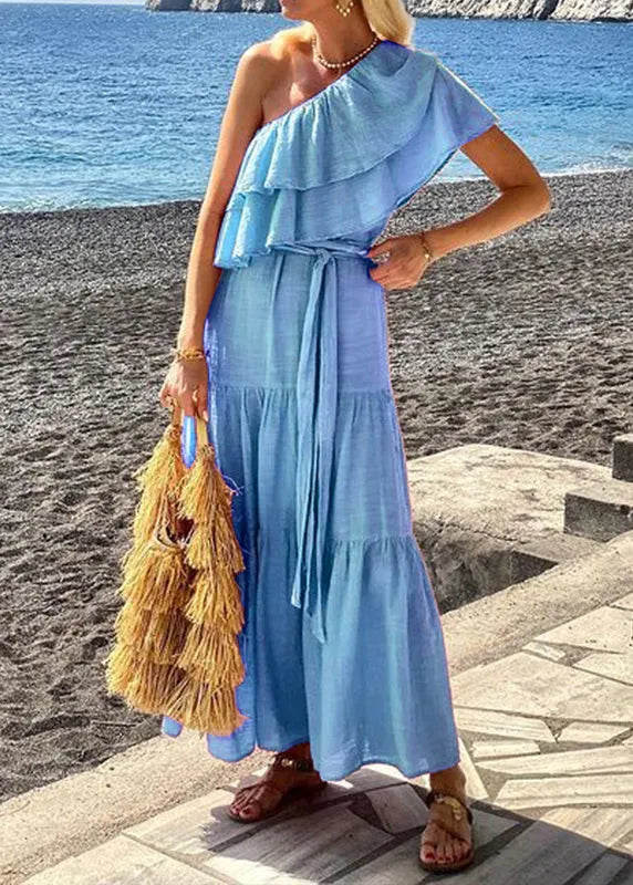 Pink Slash Neck Ruffled Lace Up Cotton Dress Summer
