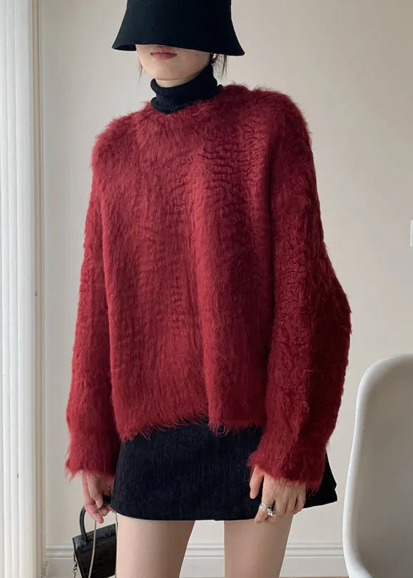 Loose Red Fluffy Knit Sweater Winter
