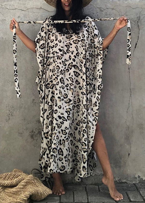 Loose Leopard V Neck Print Side Open Cotton Long Dress Summer