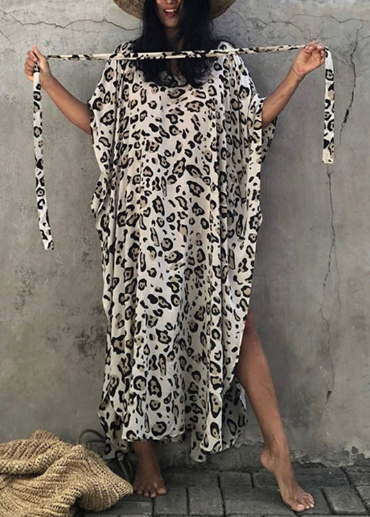 Loose Leopard V Neck Print Side Open Cotton Long Dress Summer