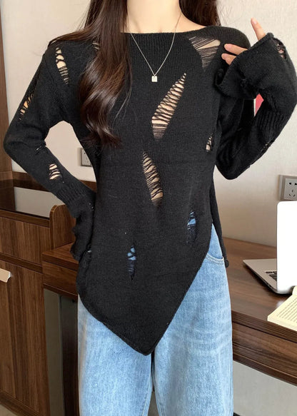 Black Hollow Out Thin Knit Sweater Spring