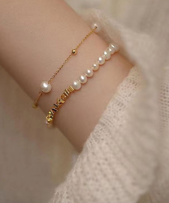 Stylish Gold Copper Overgild Pearl Crushed and Silver Tassel Two Piece Set Charm Bracelet