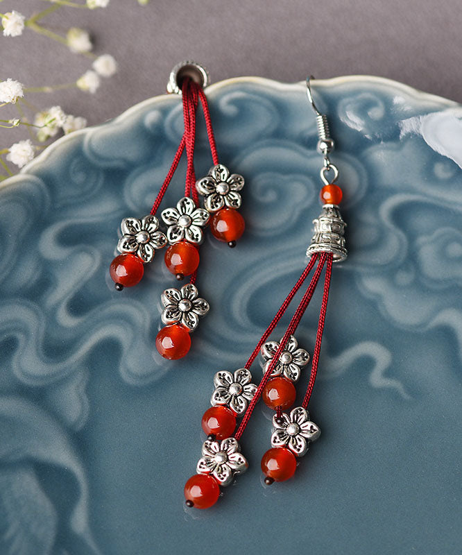 Red Agate Beads Silver Flower Drop Earrings