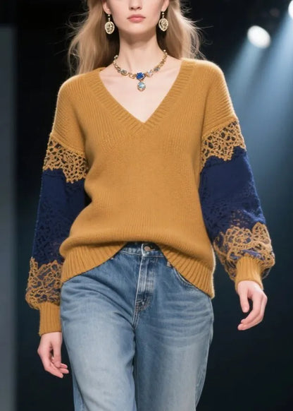 Natural Brown V Neck Patchwork Lace Knit Pullover Winter