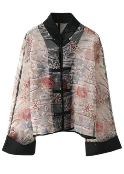 Light Purple Print Tulle Organza Patchwork Oriental Coat Summer