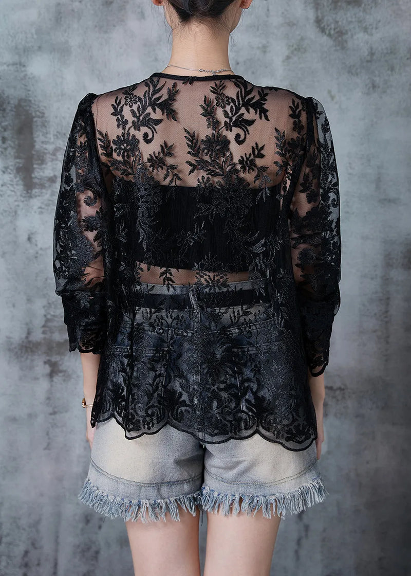 Italian Black Embroidered Tulle Upf 50+ Cardigan Summer