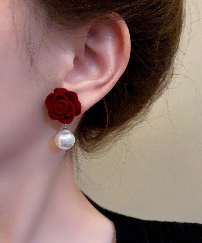 Art Mulberry Flocking Pearl Rose Drop Earrings
