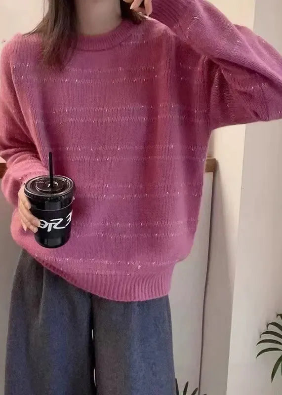 Dark Grey O-neck Striped Wool Knit Sweater Fall