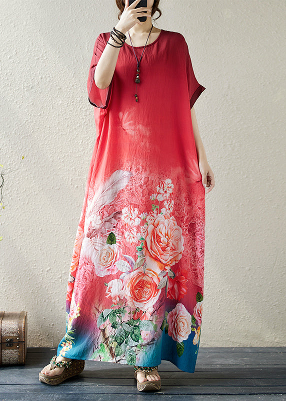 Gradient Red Oversized Print Holiday Dress Summer