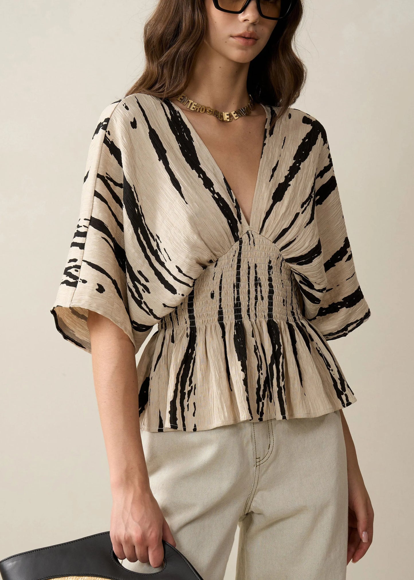 Art Khaki V Neck Print Cotton Shirt Half Sleeve