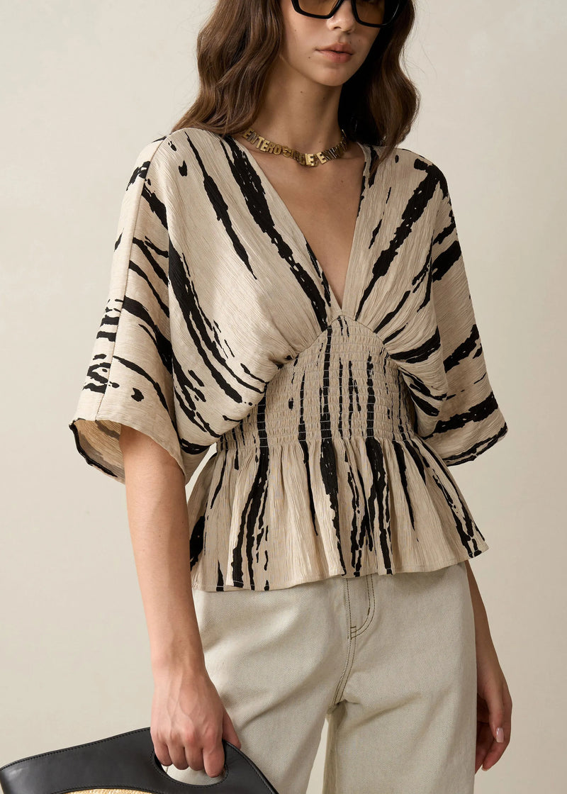 Art Khaki V Neck Print Cotton Shirt Half Sleeve