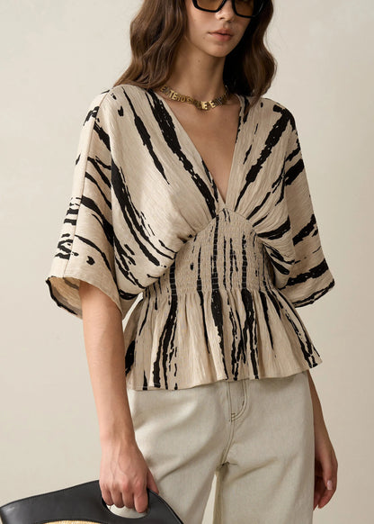 Art Khaki V Neck Print Cotton Shirt Half Sleeve