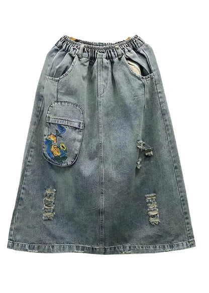 Light Blue Embroidered Patchwork Cotton Long Skirt Summer
