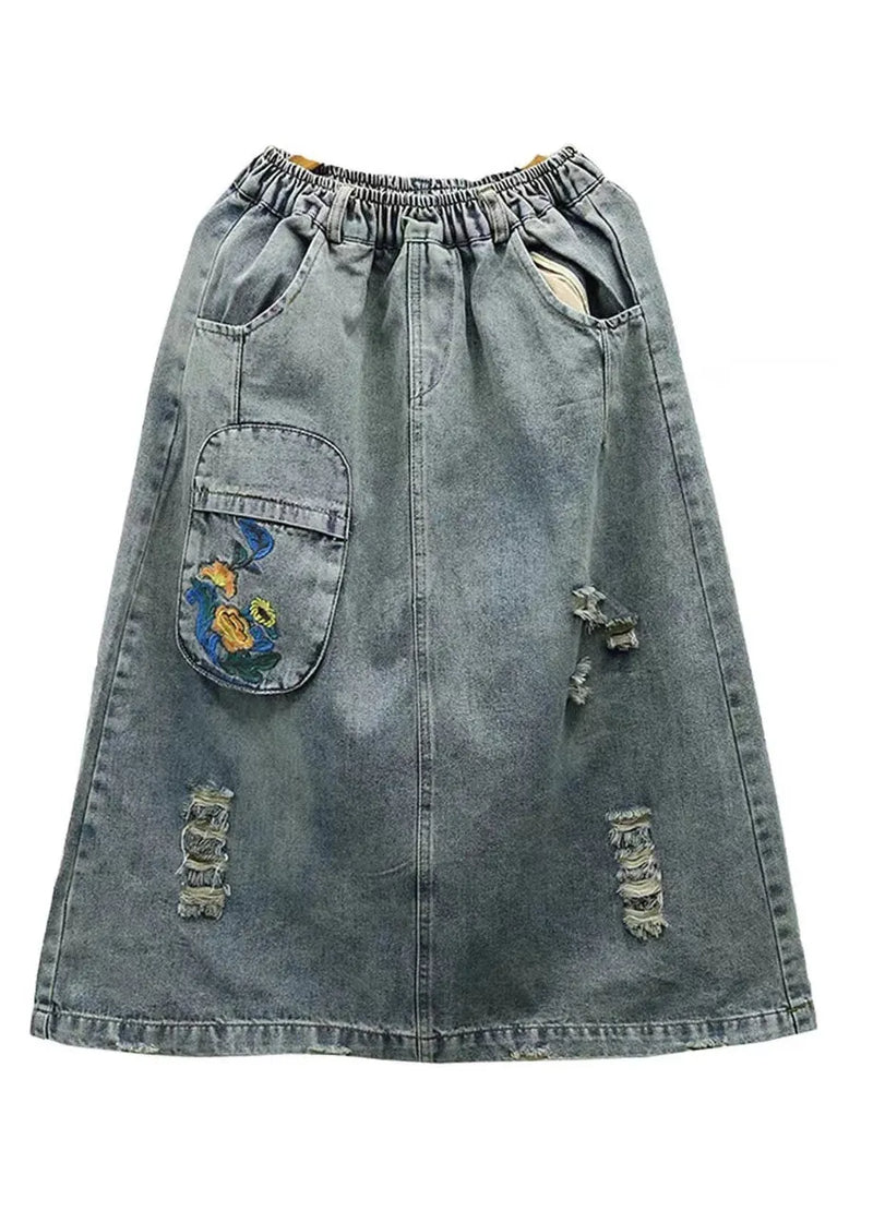 Light Blue Embroidered Patchwork Cotton Long Skirt Summer
