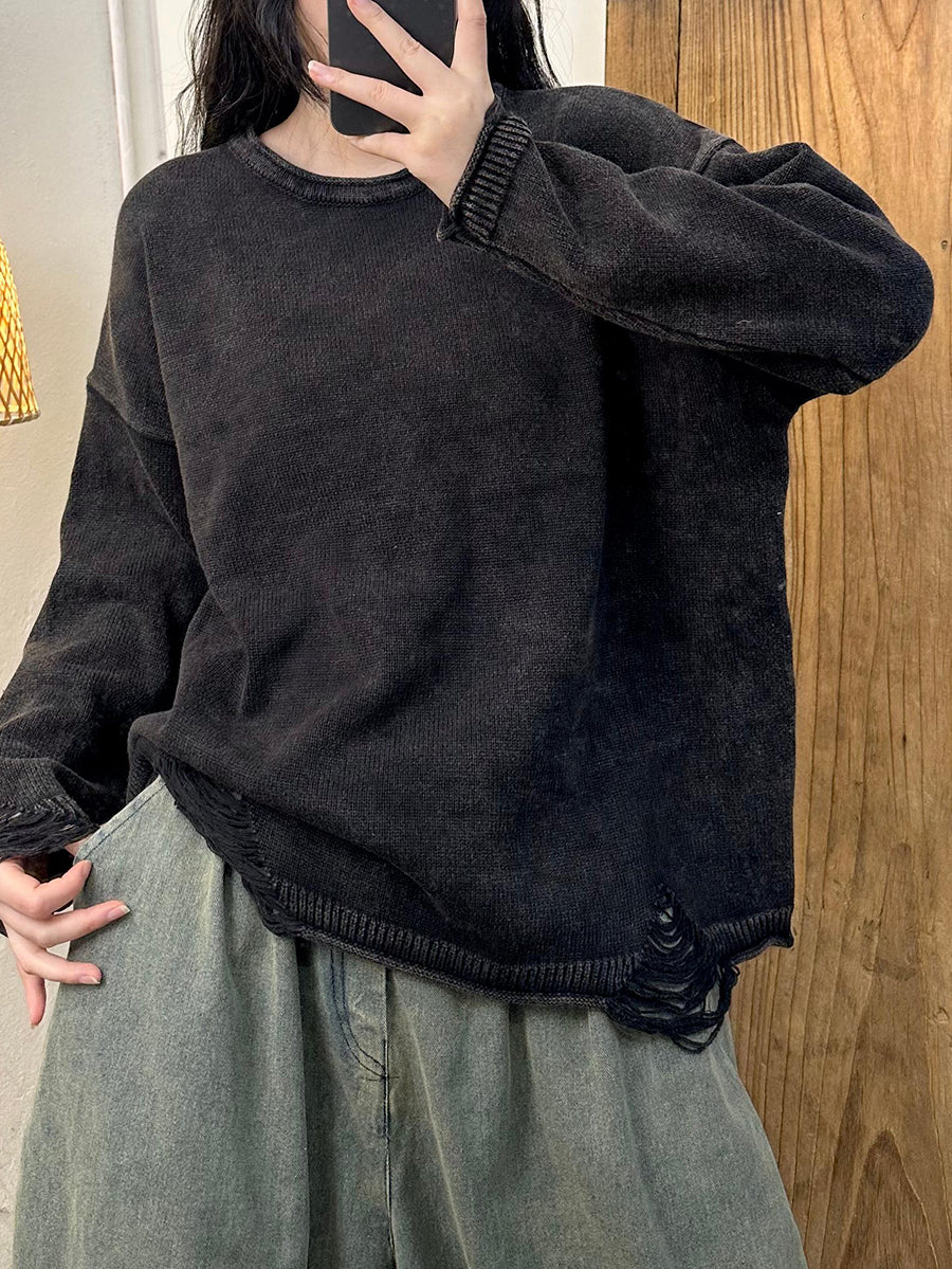 Autumn Retro O-neck Frayed Knit Sweater