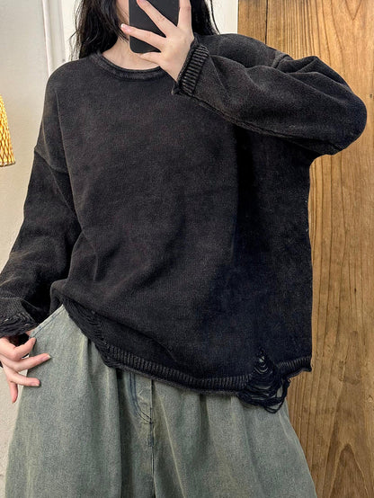 Autumn Retro O-neck Frayed Knit Sweater