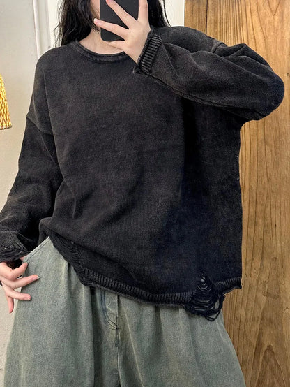 Autumn Retro O-neck Frayed Knit Sweater