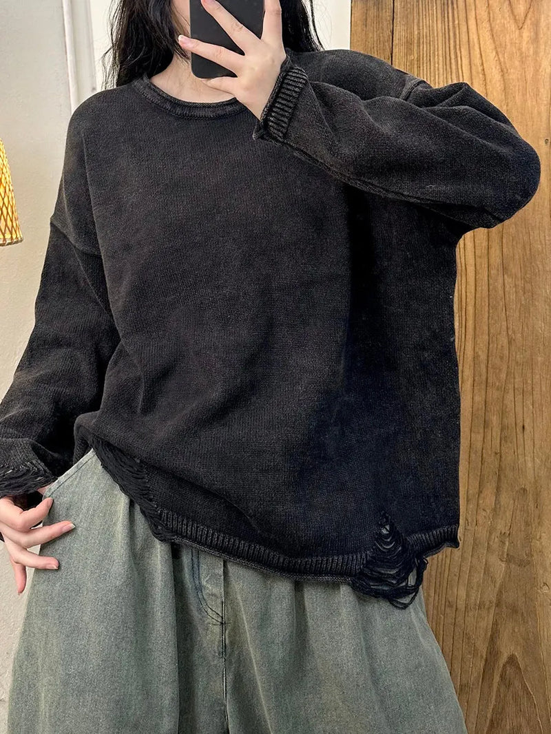 Autumn Retro O-neck Frayed Knit Sweater