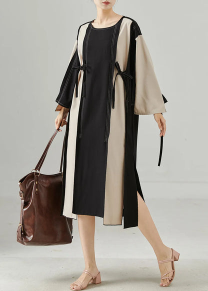 Stylish Colorblock Oversized Patchwork Lace Up Cotton Dress Fall