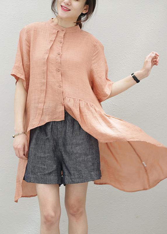 Handmade Blue Linen Clothes Stand Collar Asymmetric Cotton Blouse