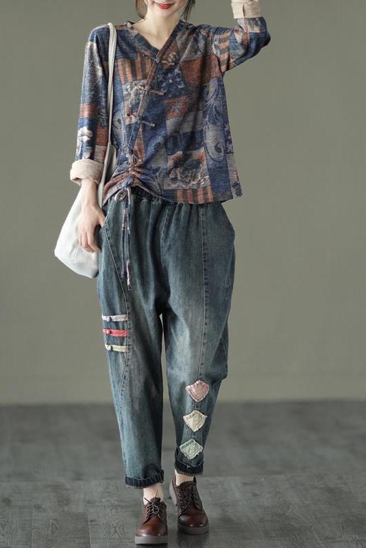 Retro Drawstring Print Cotton Blouse