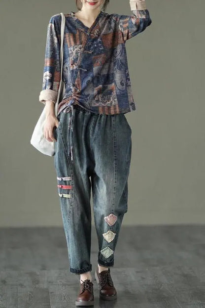 Retro Drawstring Print Cotton Blouse