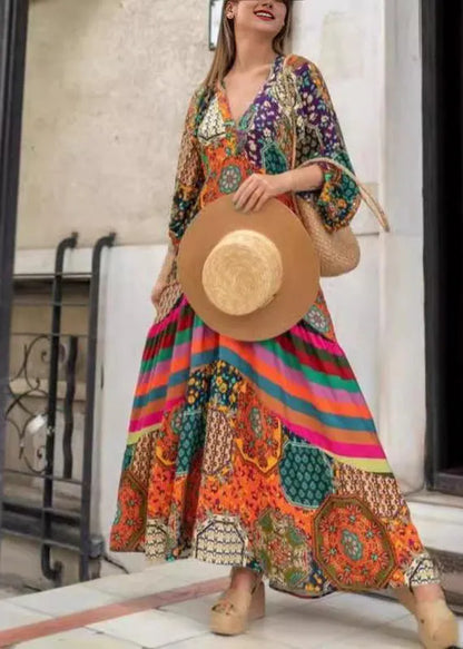 V Neck Print Wrinkled Cotton Long Dress Spring