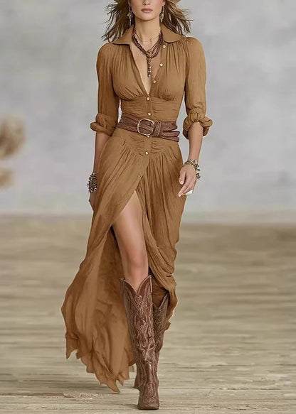 Slim Fit Army Green Wrinkled Button Cotton Maxi Dresses Spring