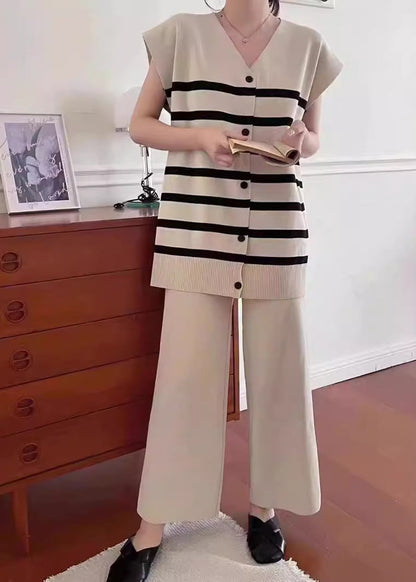 Loose Apricot V Neck Striped Knit 2 Piece Outfit Summer