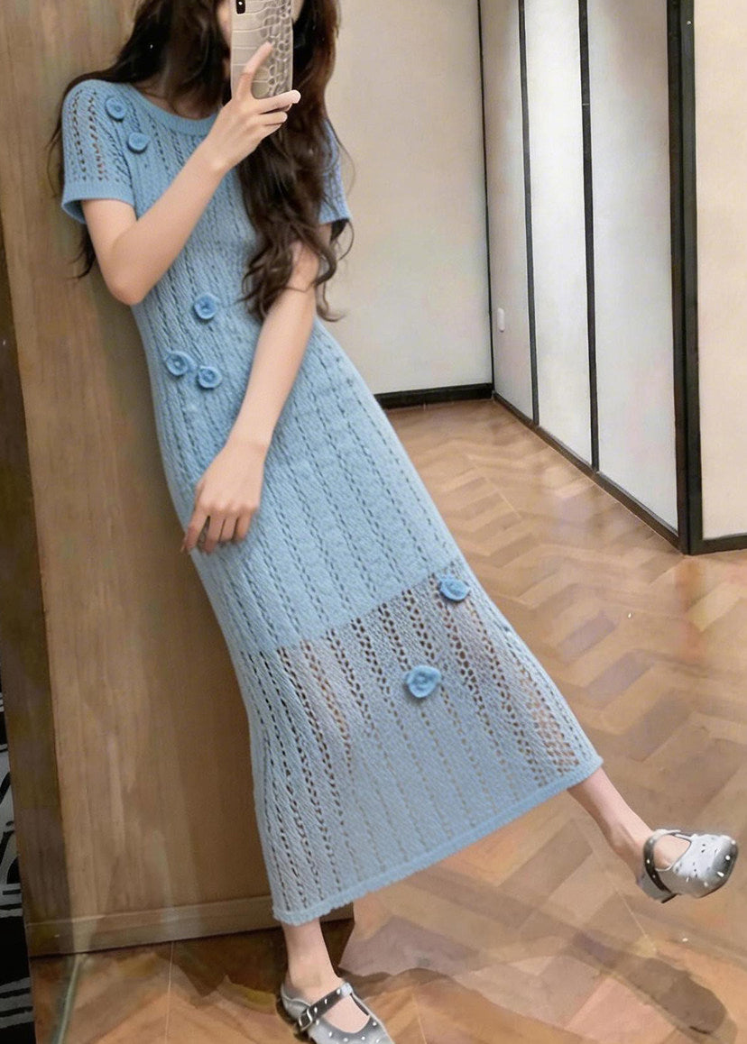 Blue Hollow Out Knit Ankle Dress Summer