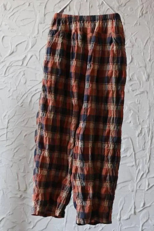 Plaid Loose Linen Wide Leg Pants