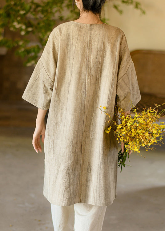 Beige O Neck Chinese Button Linen Mid Dress Bracelet Sleeve
