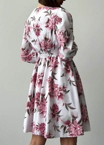 French V Neck Print Wrinkled Chiffon Mid Dresses Spring