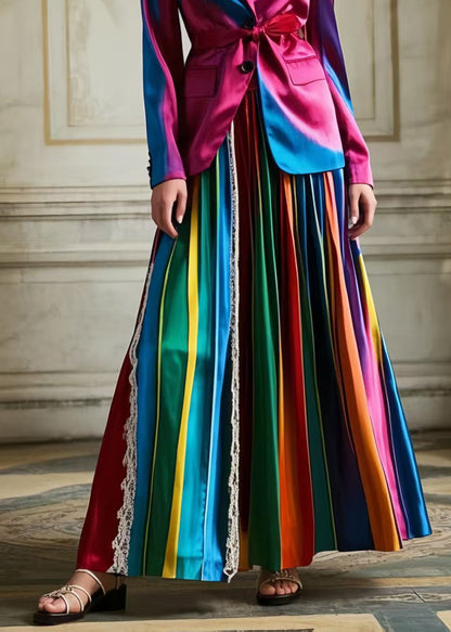 Polychrome Striped Patchwork Lace Silk Pleated Skirt Spring