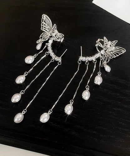 Silk Copper Zircon Pearl Butterfly Tassel Drop Earrings