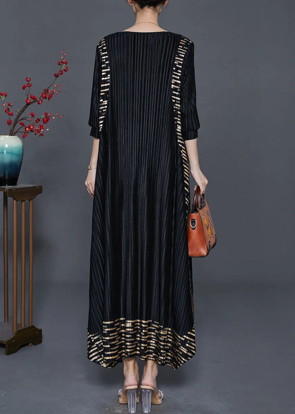 Black Oversized Print Wrinkled Silk Holiday Dresses Spring