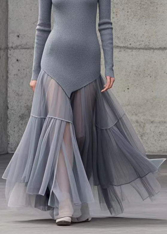 Diy Grey Silm Fit Patchwork Tulle Knit Dress Winter