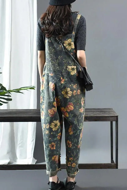 Limited Stock- Flower Print Denim Cotton Jumpsuit Dungarees