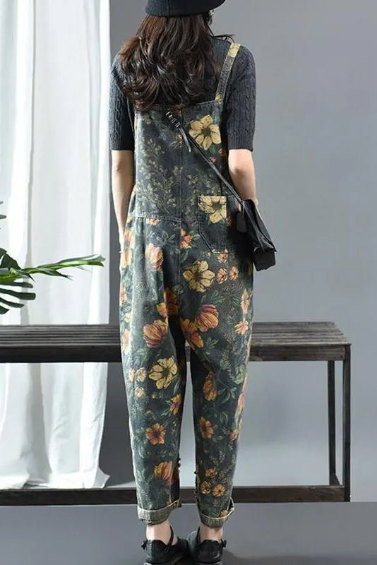 Limited Stock- Flower Print Denim Cotton Jumpsuit Dungarees