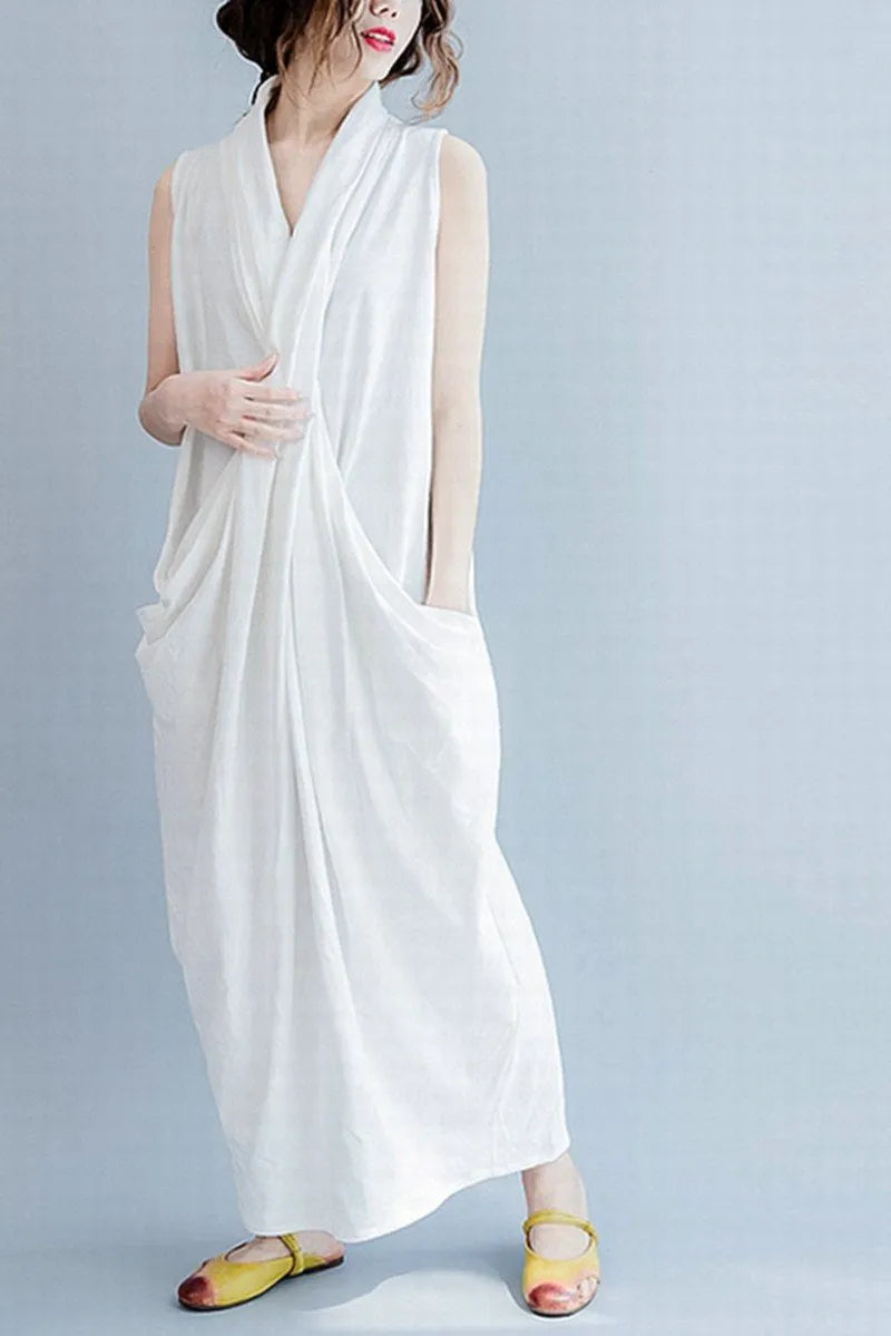 White Sleeveless Cross Oversize Long Dresses