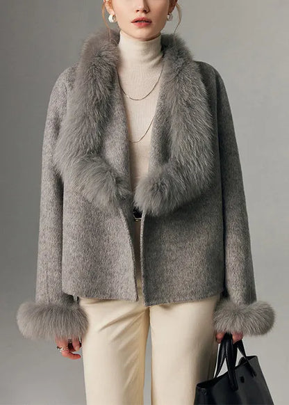 Grey Oversized Patchwork Fox Fur Wool Cardigan Winter