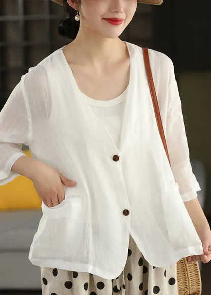 Coffee V Neck Pockets Striped Linen Jacket Summer