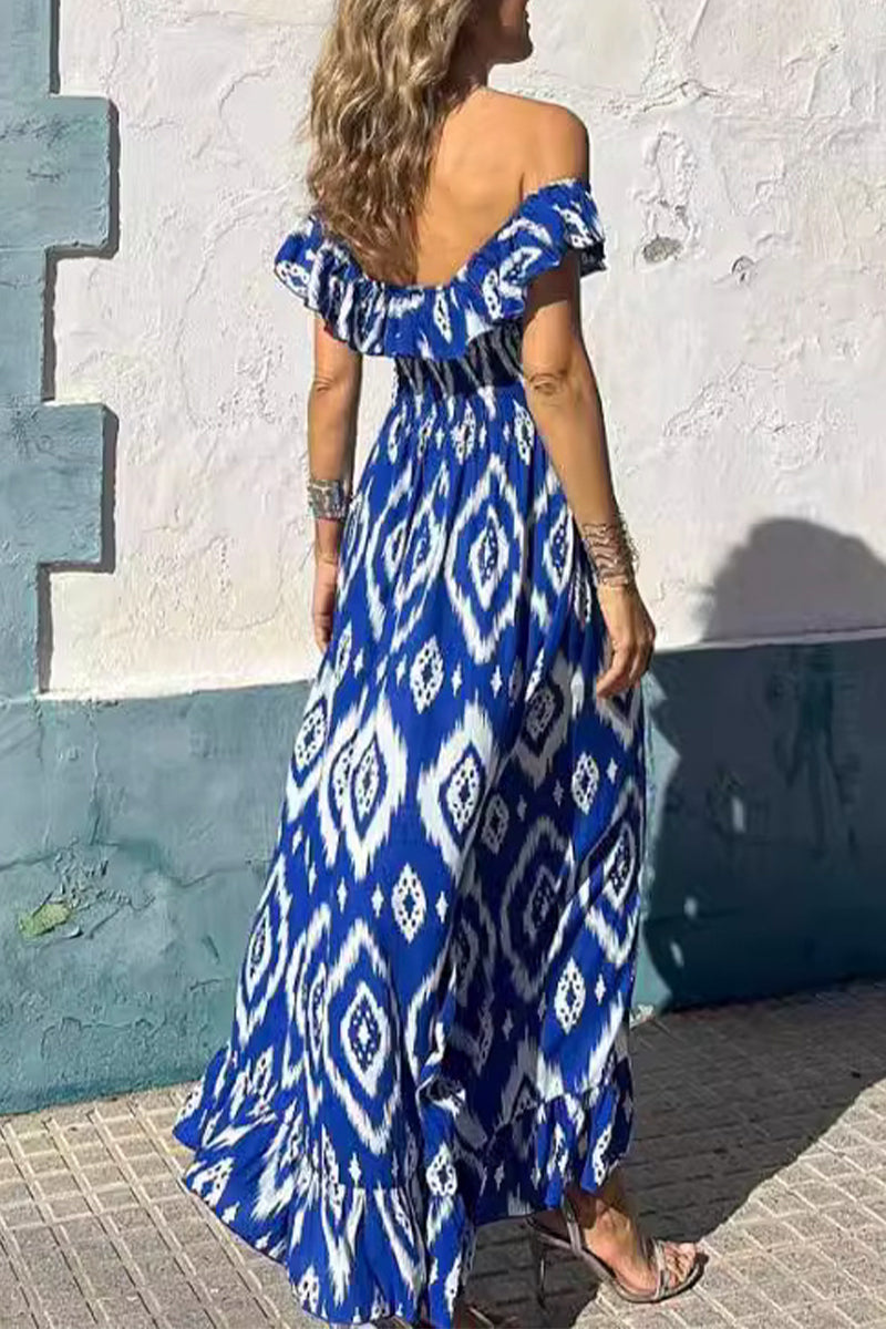 Geometric Print Flounce V Neck a Line Dresses