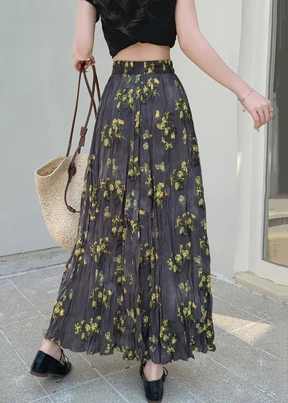 Print Wrinkled Elastic Waist Cotton Skirt Fall