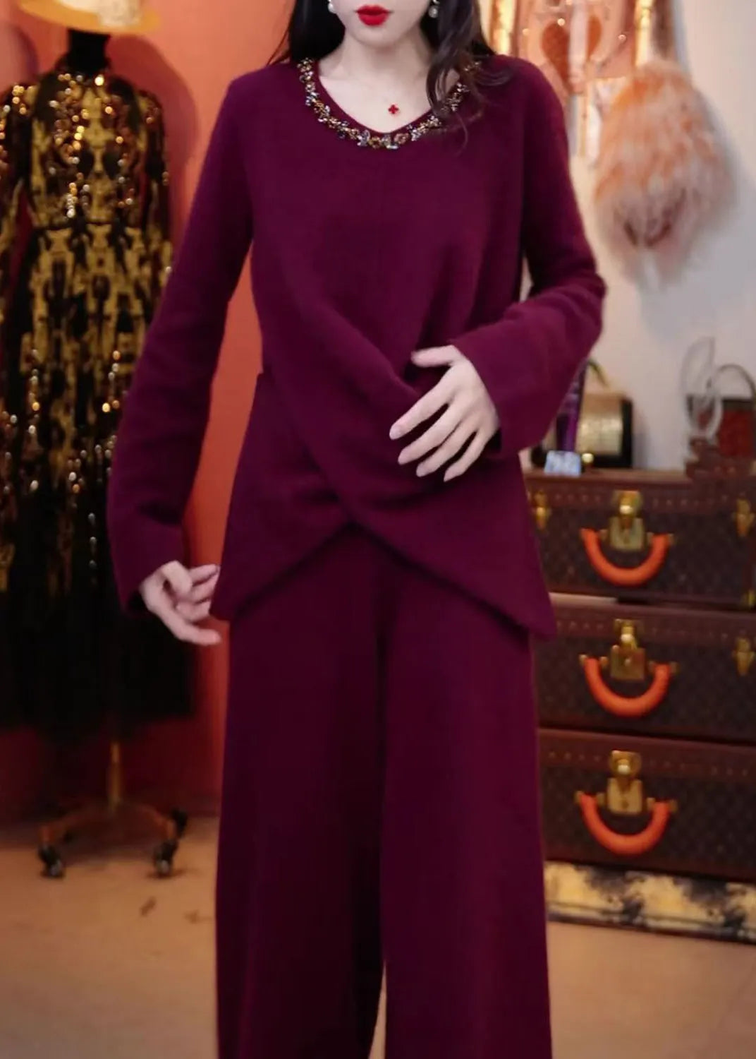 New Purple O Neck Sweaters and Pants Knit Two Pieces Set Winter