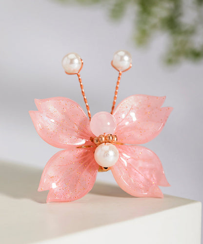 Pink Copper Alloy Pearl Colored Glaze Butterfly Hairpin