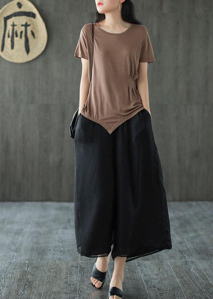 Handmade Purple Elastic Waist Retro Wide Leg Crop Pants